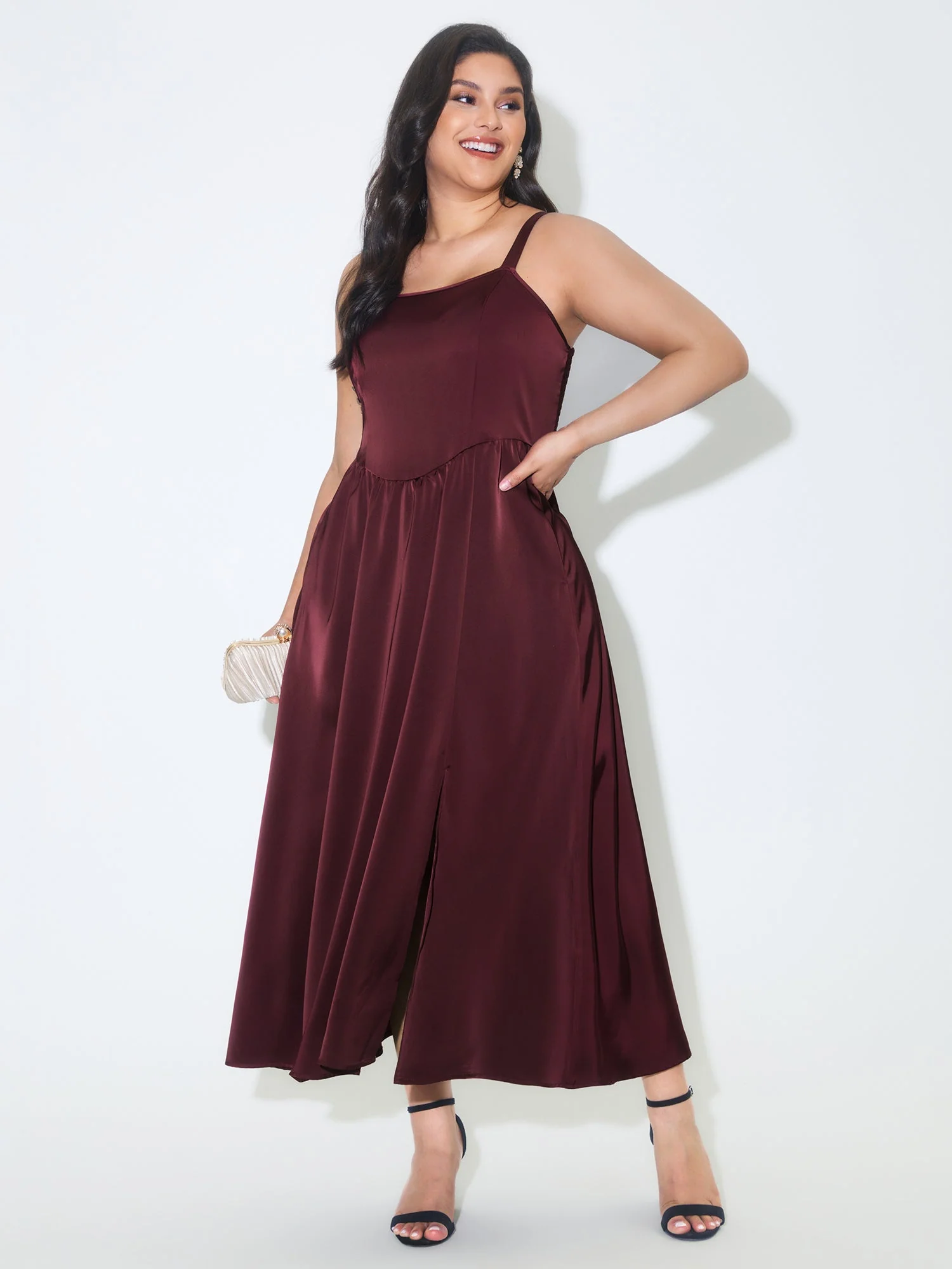 Satin Square Neck Front Slit Slip Maxi Dress