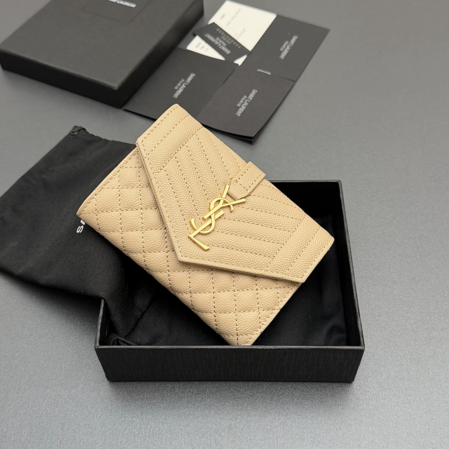 [TOP] Yves Saint Laurent YSL Matelasse Card Holder 13.5x9.5x3cm - Apricot & GHW - 711 Luxury