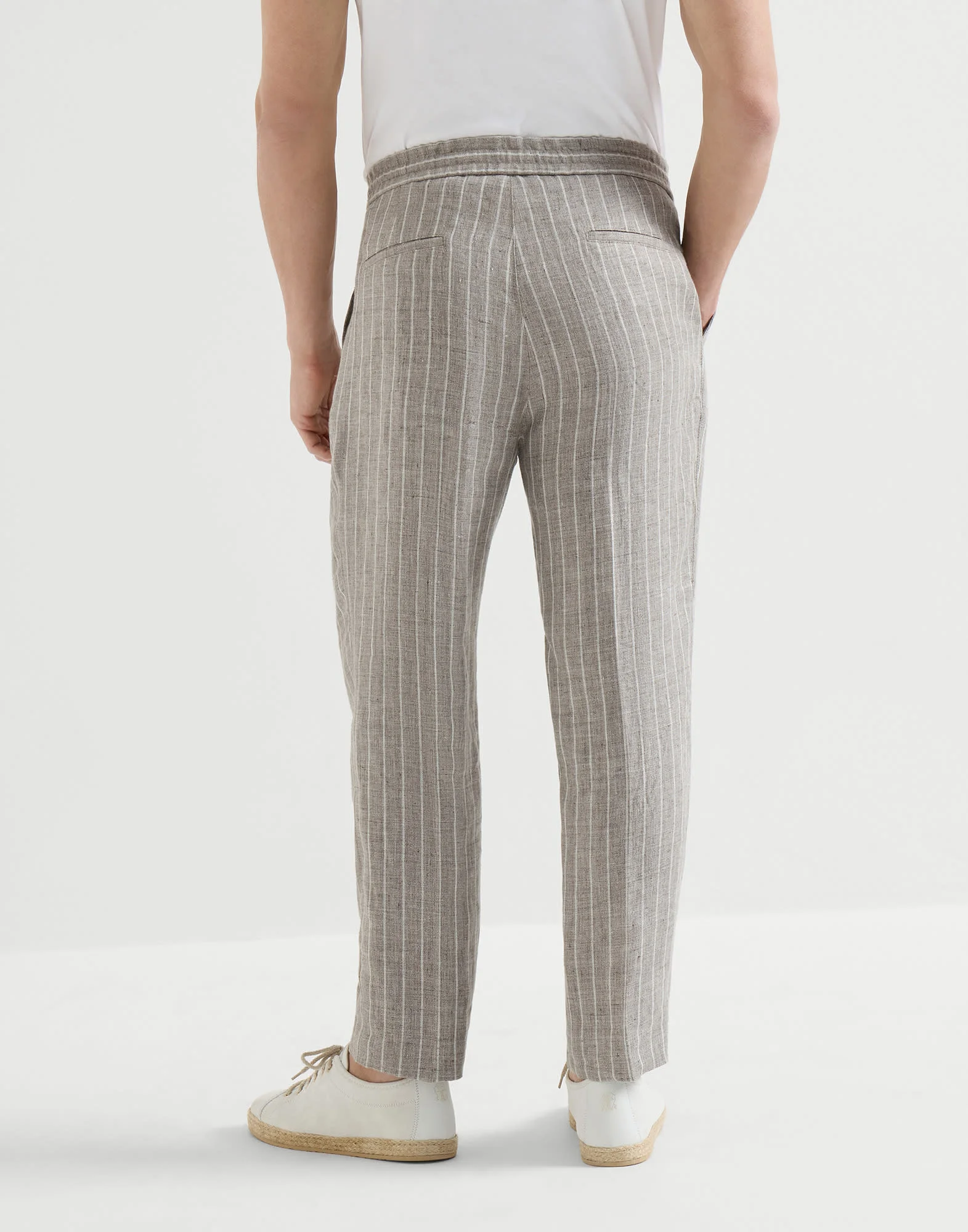 Brunello Cucinelli Clothing Brunello Cucinelli Chalk Stripe Linen Twill Trousers With Drawstring and Double Pleats #393518 Vi