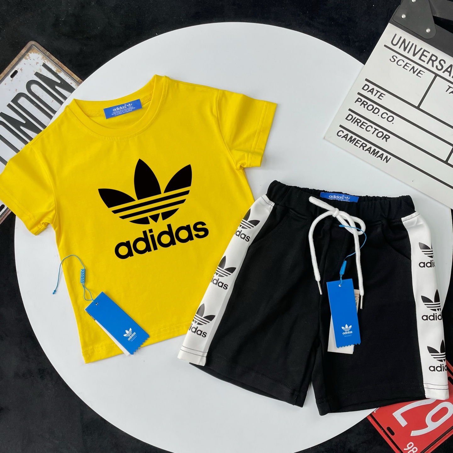 Adidas Kids 2Pcs Big Trefoil Tee & Side Strip Logo French Terry Shorts Outfit For Boys Girls Full Original Tags Sizes 90-150,