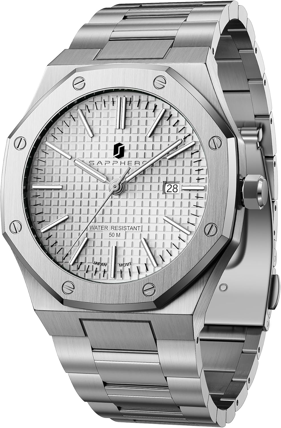 SAPPHERO Men's Watch Octagonal Stainless Steel Luminous Wristwatch Luxury Analog Quartz Watch for Men with Date Elegant Mens