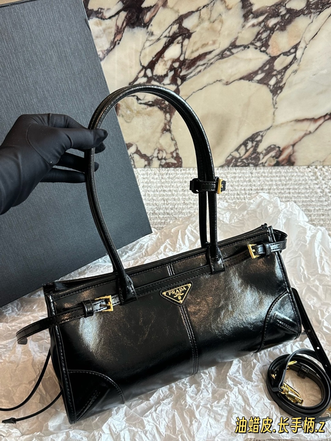 Prada SoftLux Black Leather Handbag with Gold-tone Hardware (Replica)