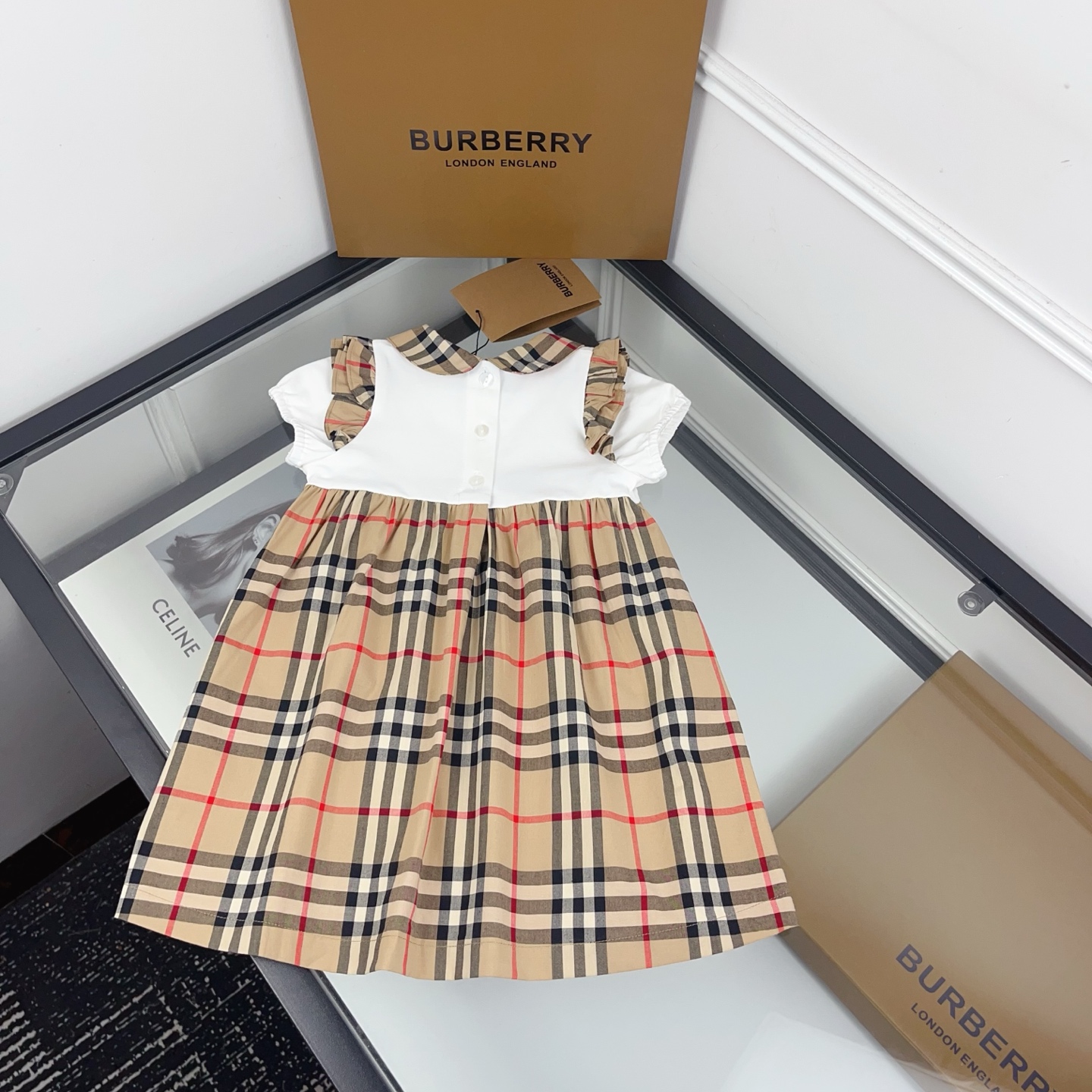 Burberry Baby Girls Two Tone Vintage Check Peter Pan Collar Flutter Sleeve Cotton Princess Dress Kids British Party Sundress Sizes 90-130