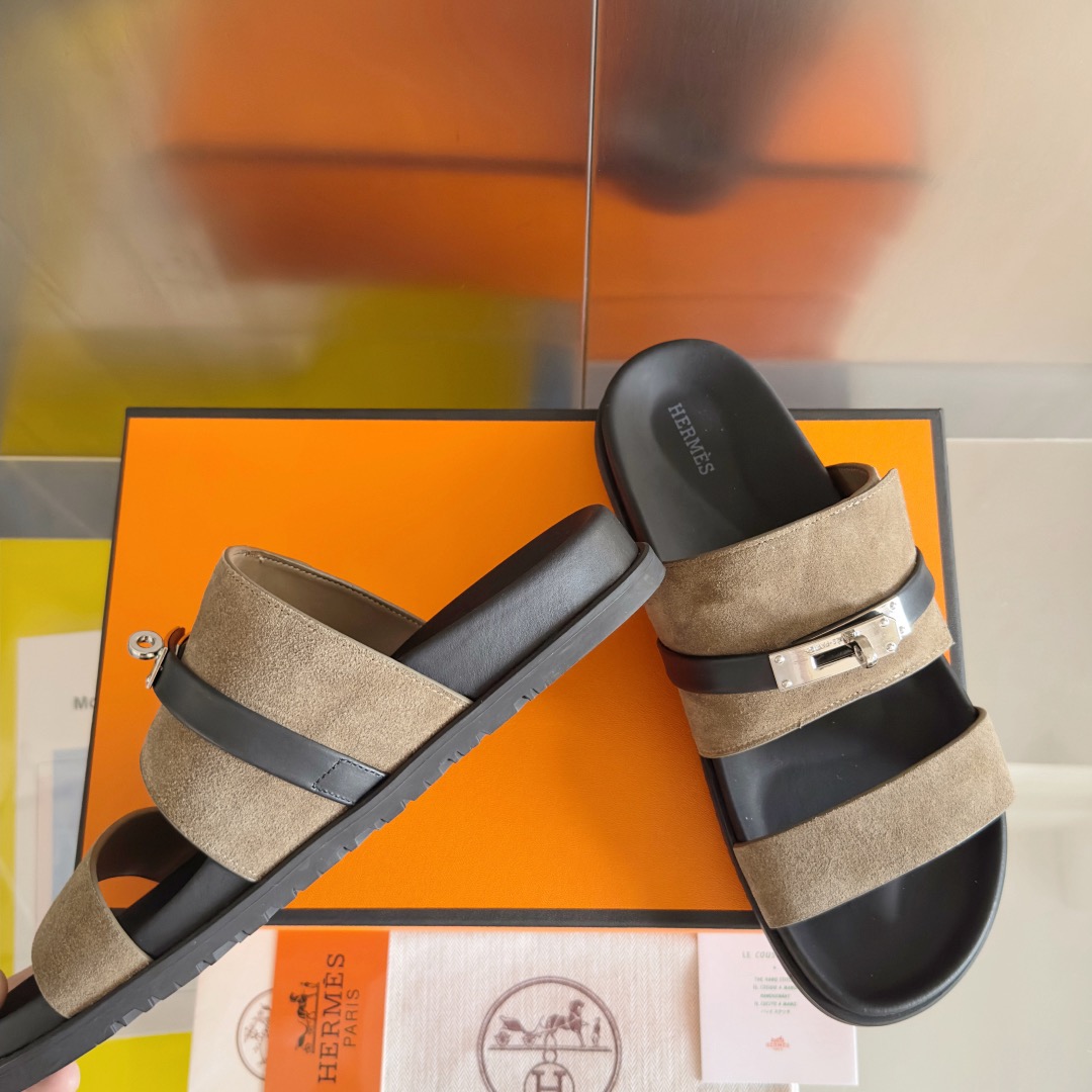 [TOP] HERMES Men's/Women's Jackson Calfskin Slippers - Gray - 711 Luxury