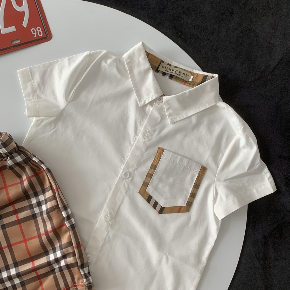 Burberry Unisex Kids White Short Sleeve Button Down Shirt & Vintage Check Drawstring Shorts Separates Set Boys Girls Casual British Outfit Sizes 90-150
