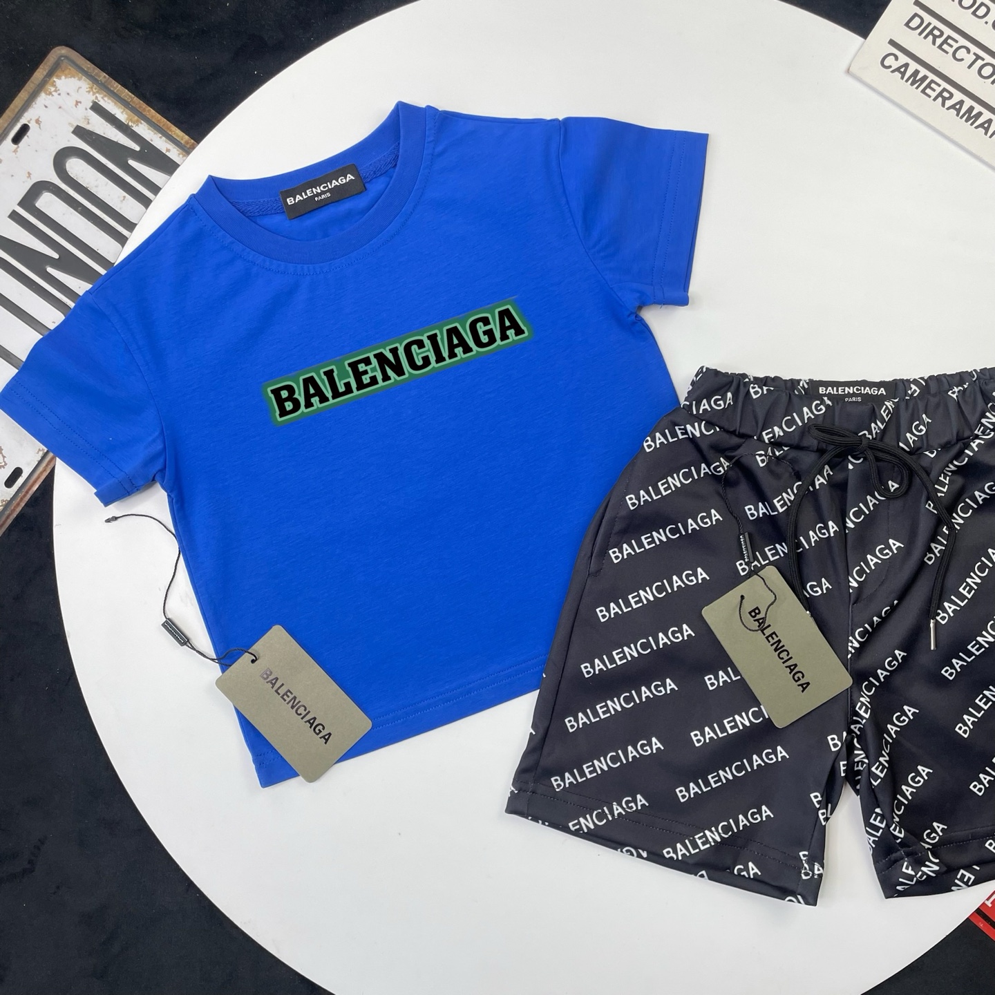 Balenciaga Unisex Kids Bright Blue Green Outline Logo Short Sleeve T-Shirt & Black All Over Letter Print Casual Shorts 2 Piece Set Boys Girls Sizes 90-150
