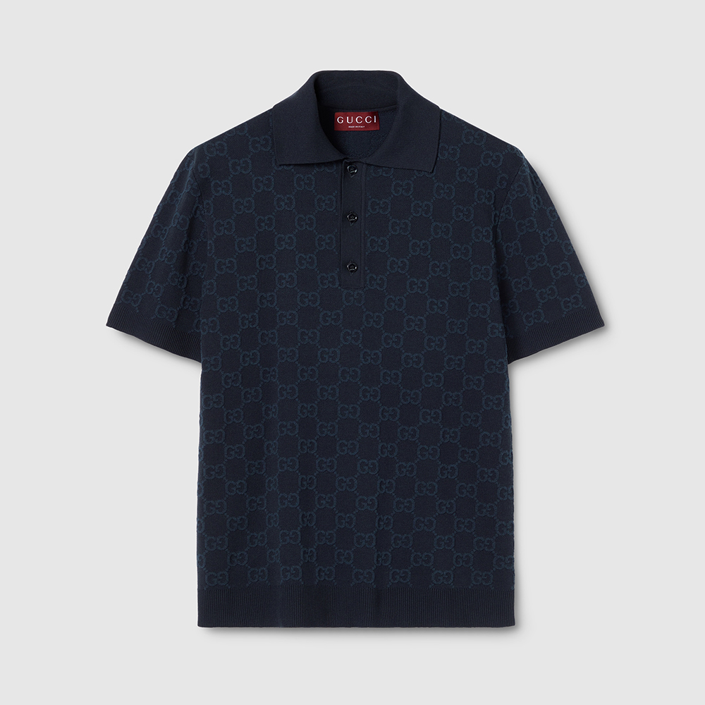 Gucci blue Clothing GUCCI GG Cotton Silk Jacquard Polo Shirt in Dark Blue #379147 View 2 | Nigo Office