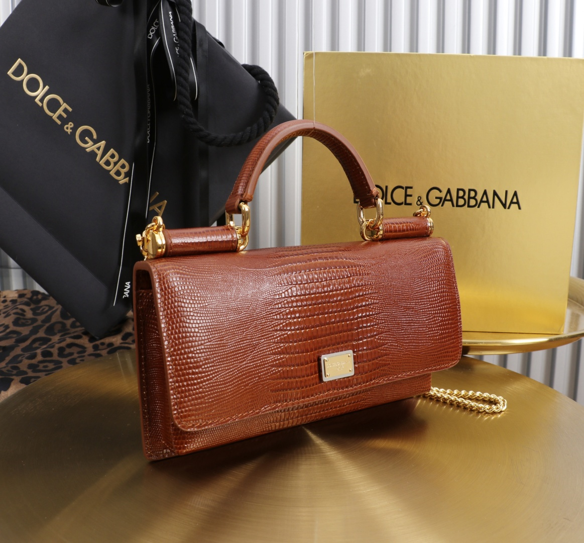 [TOP] Dolce & Gabbana D&G Bag Lizard-patterned Cowhide Bag 20x11x3cm - Caramel color - 711 Luxury