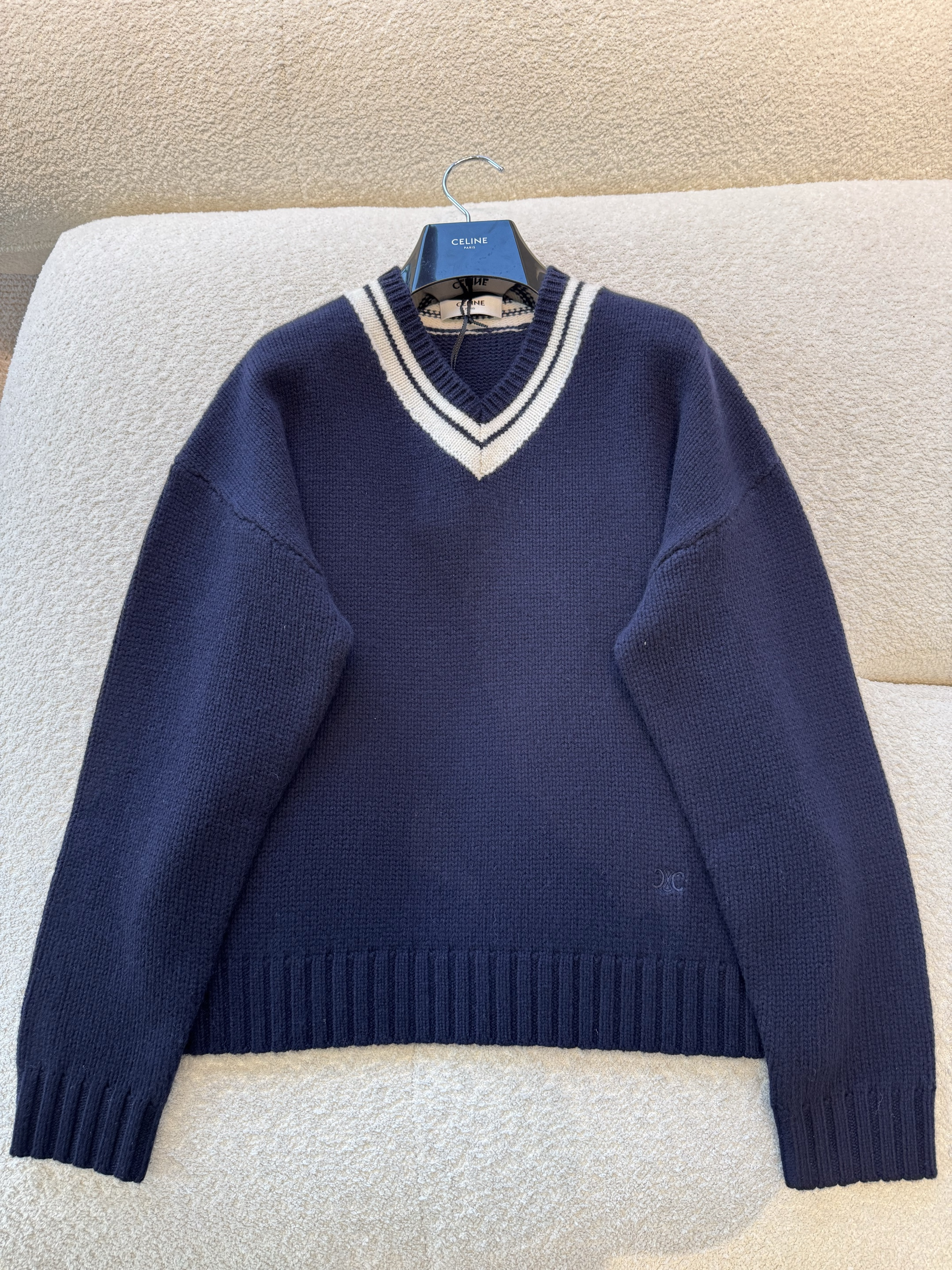 Celine blue Clothing Celine V-Neck Knitted Sweater Navy Blue College Style View 2 | Nigo Office