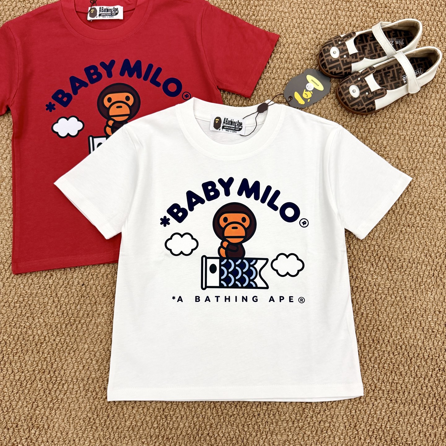 Bape A Bathing Ape Unisex Kids Baby Milo Fish Kite Graphic Crew Neck Cotton Short Sleeve T-Shirt Boys Girls Sizes 90-150