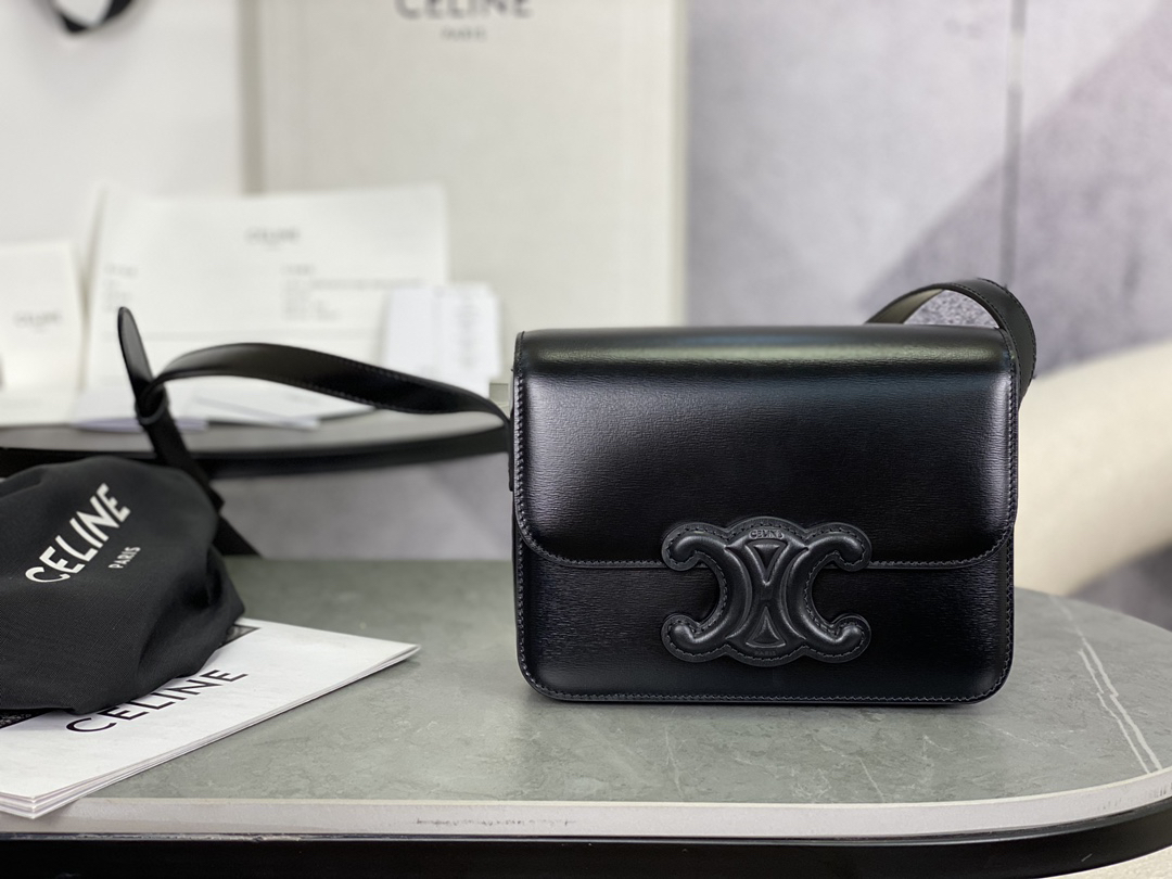 [TOP] CELINE Triomphe Bag Box Leather 18.5x14x6cm - Black - 711 Luxury