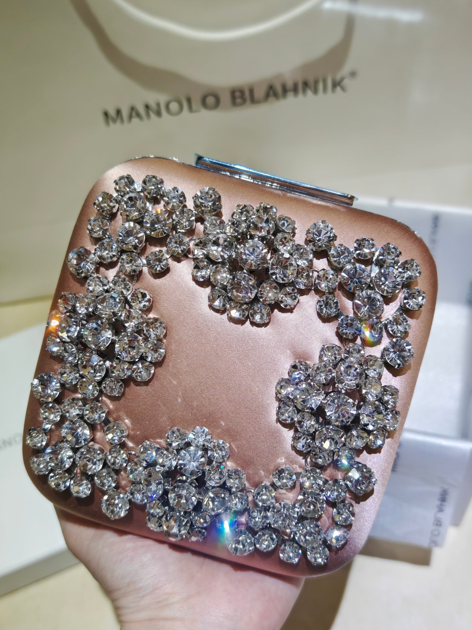 [TOP] MANOLO BLAHNIK Lace-patterned Square Bag 15.8*17*7.3cm - Champagne - 711 Luxury