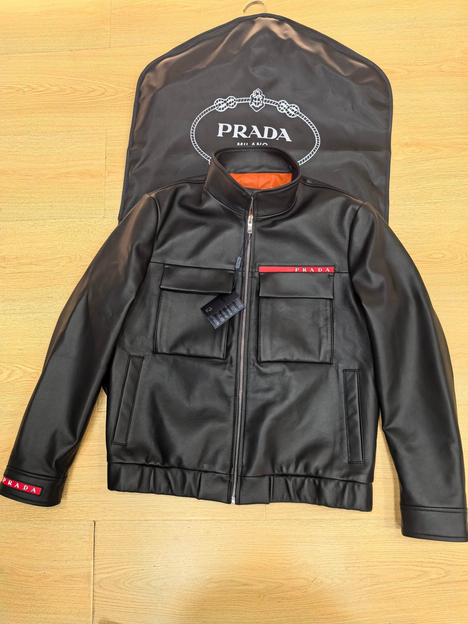 Prada Red Stripe Logo Genuine Leather Jacket Coat #383350