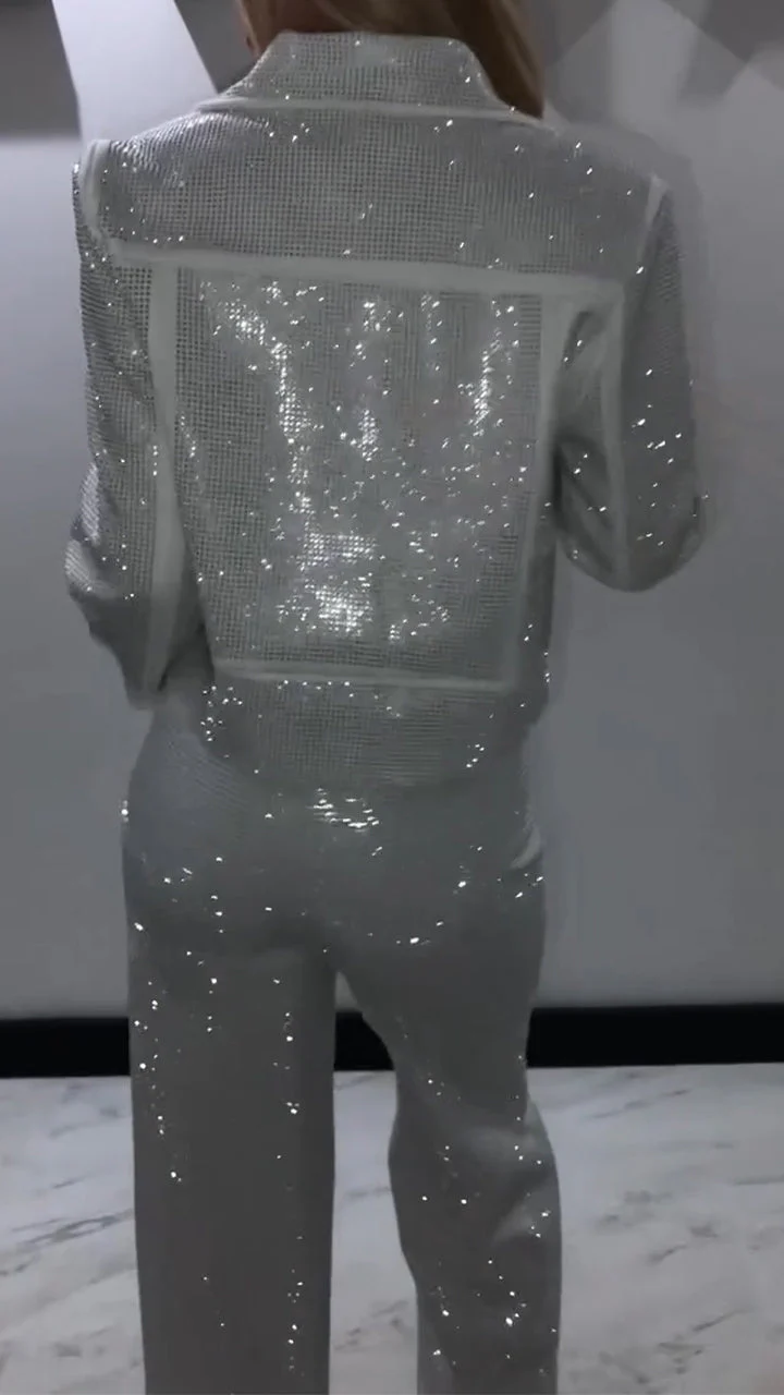 Women Laple Collar Hot Diamond Jacket+ Pants Sparkling Casual Set