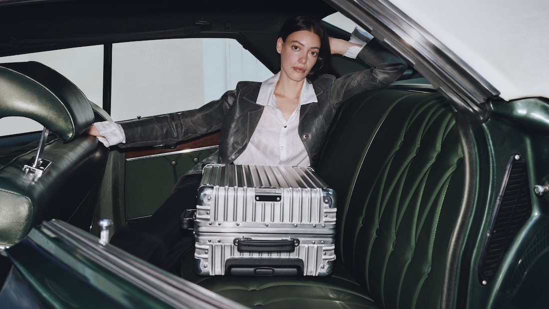 RIMOWA Classic Cabin Aluminum Carry-On Suitcase Silver and Black Personalized Leather Luggage Tag