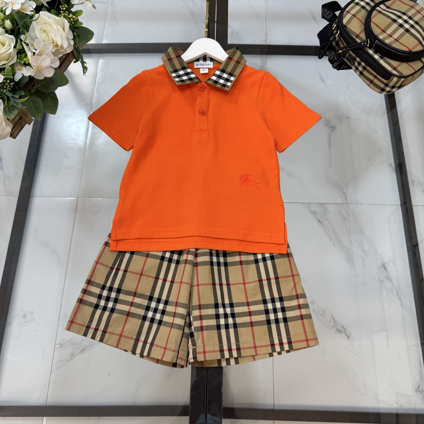 Burberry Unisex Kids Vintage Check Collar Orange Polo Shirt & Elastic Waist Plaid Shorts Two Piece Set Boys Girls Sizes 100-160