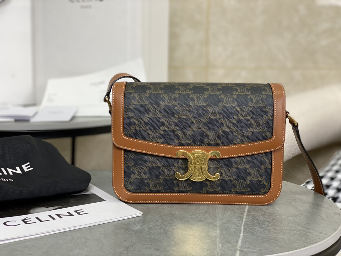 [TOP] CELINE Triomphe Bag Box Leather 22.5x16.5x7.5cm - Black - 711 Luxury
