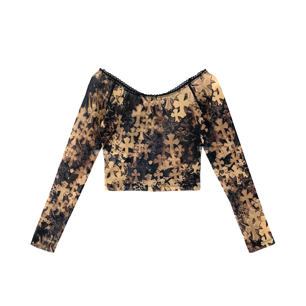 Chrome Hearts All Over Cross Print Off-Shoulder Mesh Long Sleeve Top #386105
