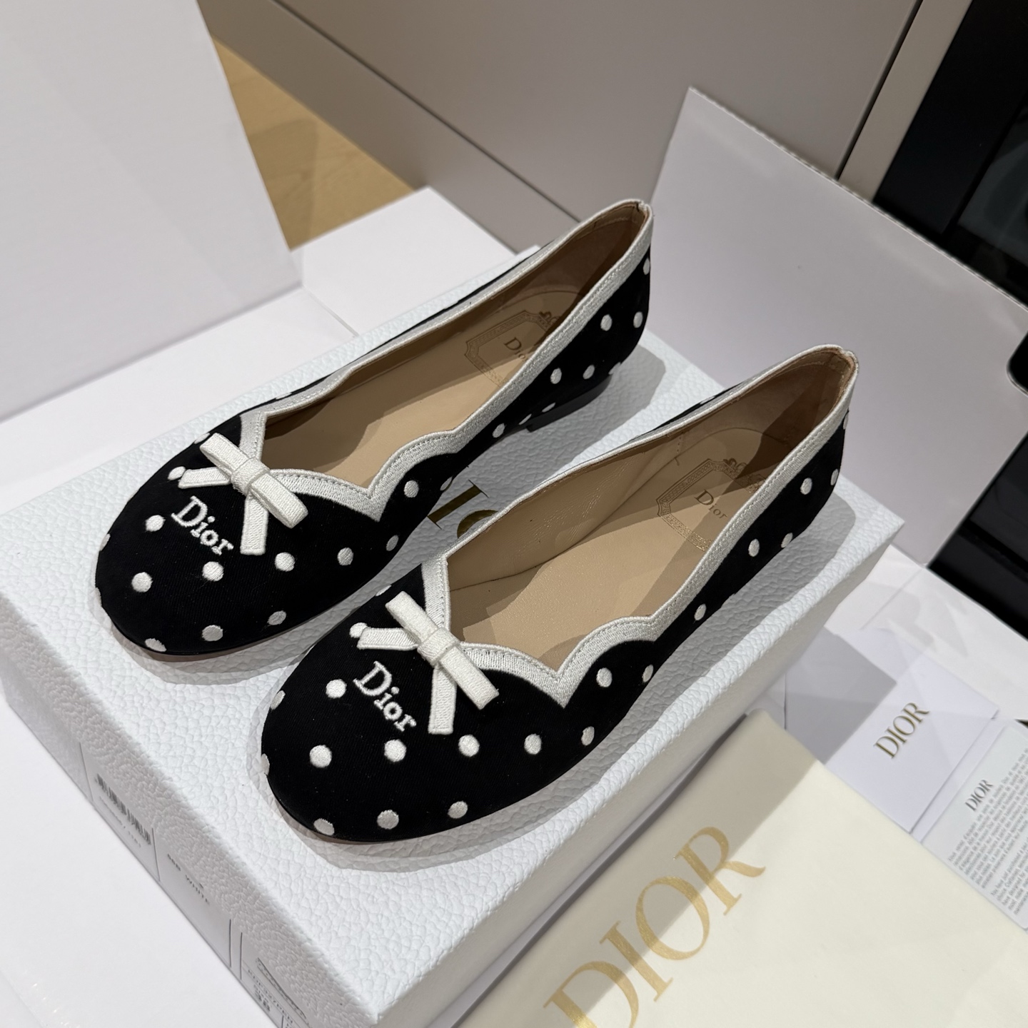 Dior black Shoes DIOR Dior Romance Ballet Flat Black Cotton Embroidered with White PolkaDior Motif #395846 View 2 | Nigo Offi
