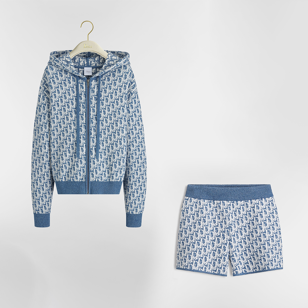 Dior blue Clothing DIOR Dioriviera Zipped Cardigan with Hood Blue Spongy Dior Oblique Cotton-Blend Jacquard #387303 | Nigo Of