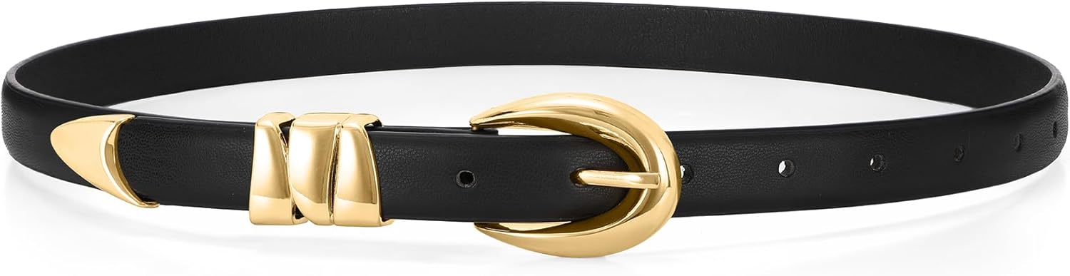 WHIPPY Women Skinny Leather Belt for Jeans Pants Dresses Ladies Fashion Waist Belt with Shiny Gold Buckle