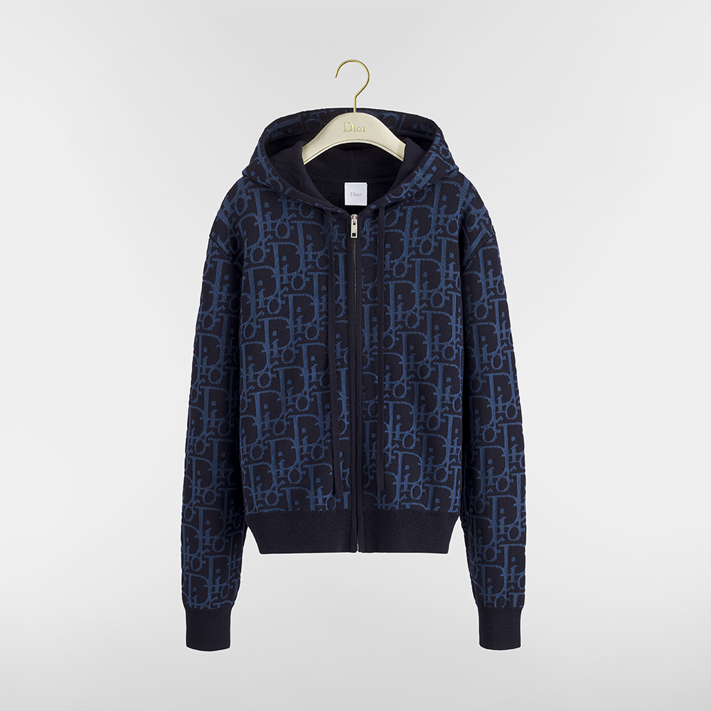 Dior blue Clothing DIOR Hooded Zipped Cardigan Navy Blue Dior Oblique Wool-Blend Jacquard #394119 | Nigo Office