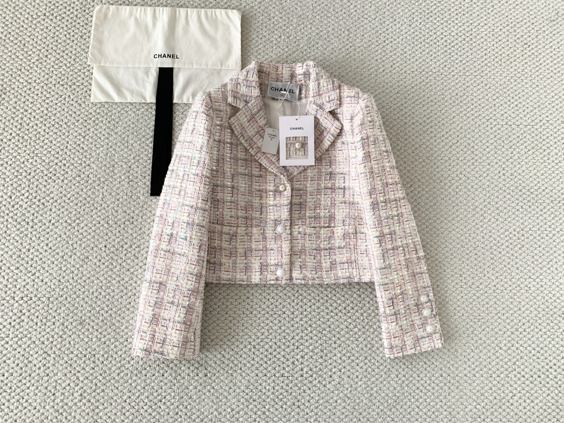 Chanel Jacket Cotton Tweed Ecru Pink Grey #381776