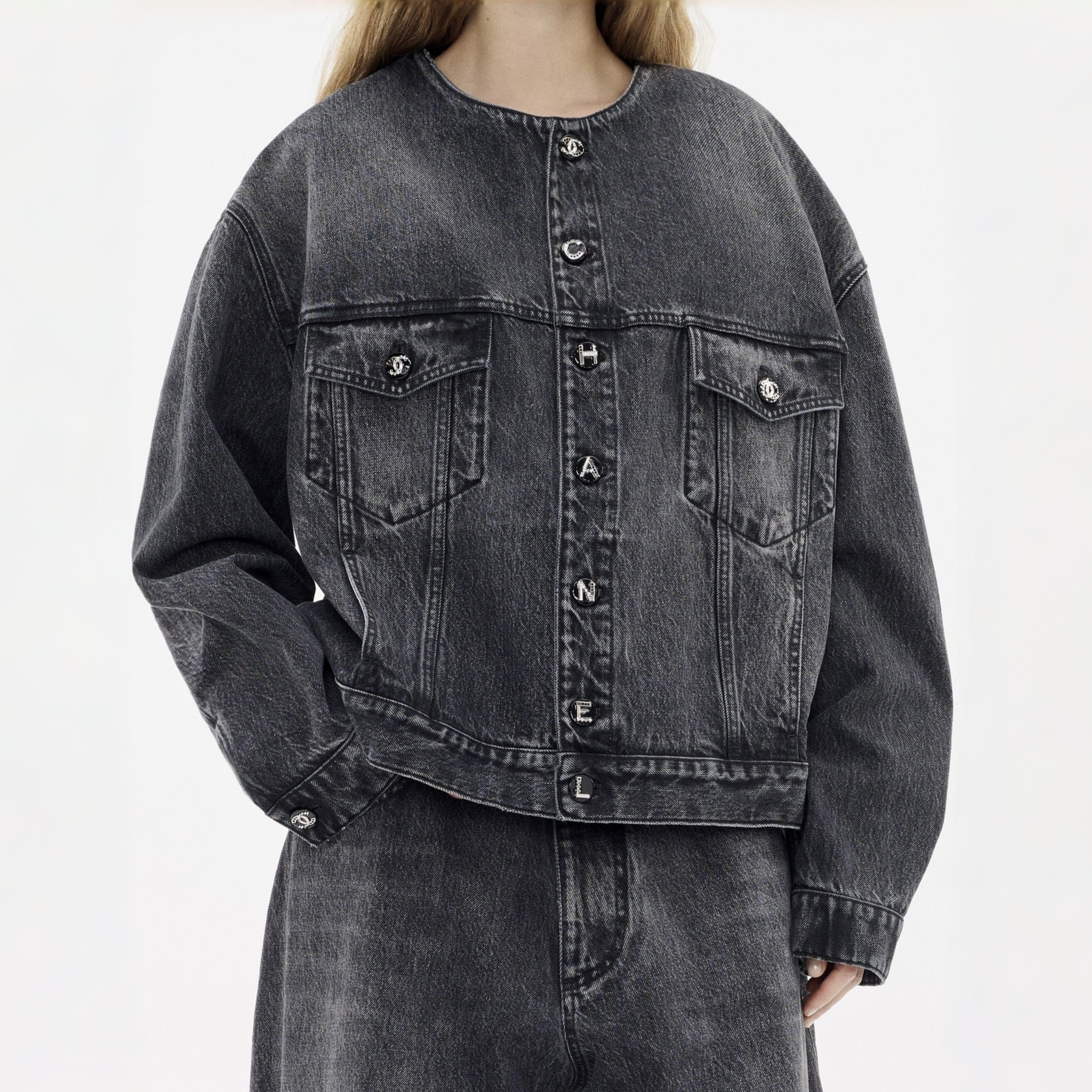 Chanel black Clothing Chanel Letter Button Black Denim Jacket #394744 | Nigo Office