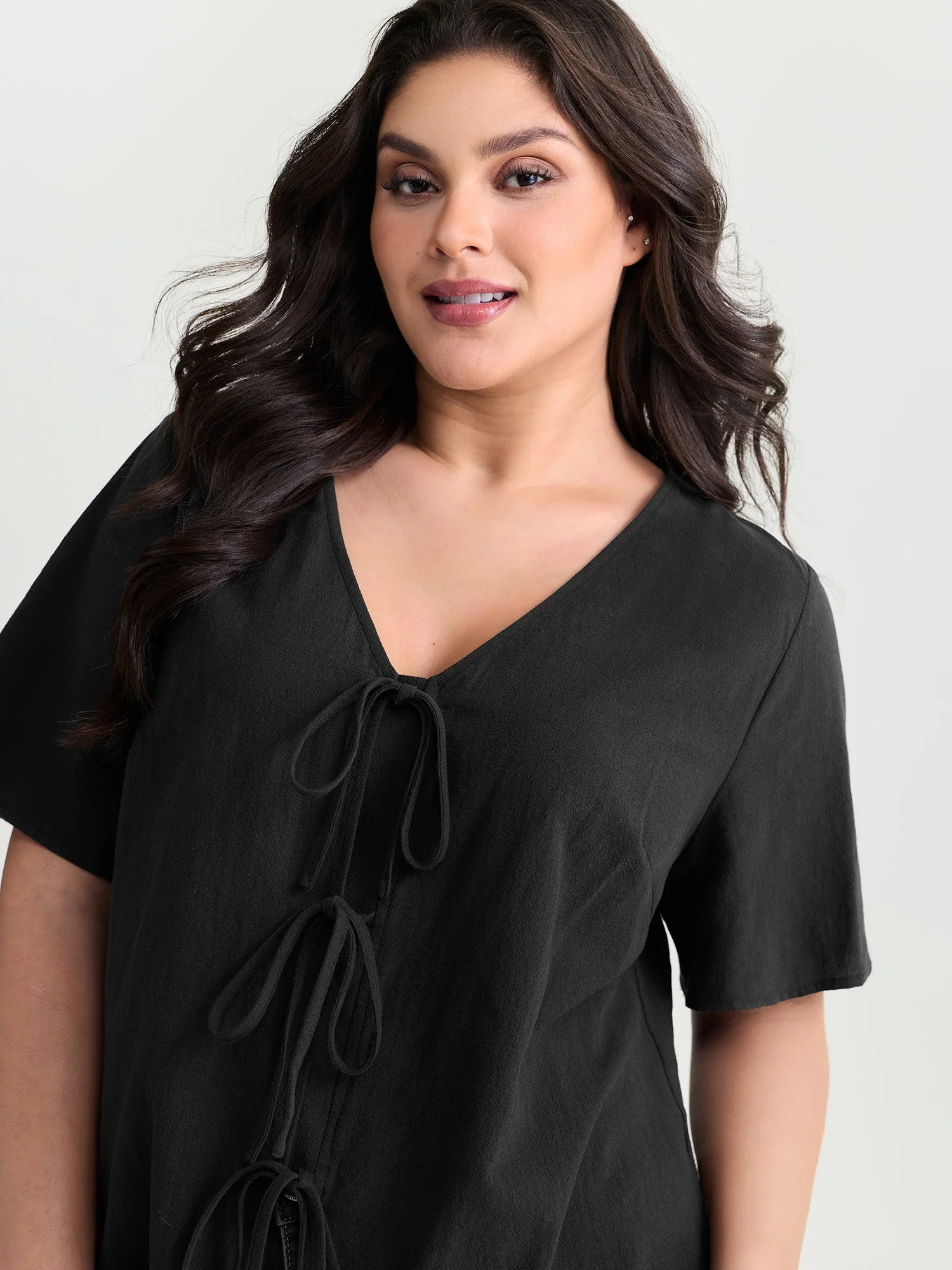 Cotton Triple Bow-Tie Front Plain Shirt