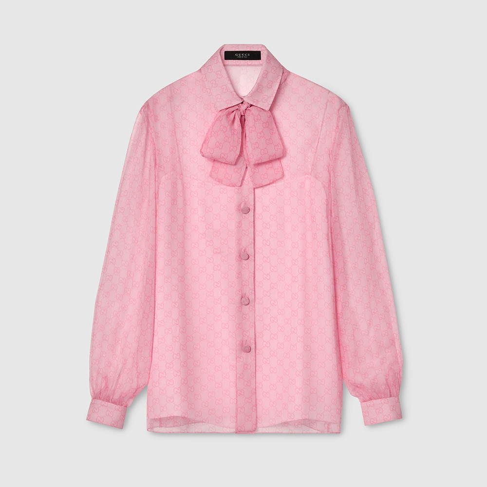 Gucci pink Clothing GUCCI Printed Silk Chiffon Shirt in Light Pink View 2 | Nigo Office
