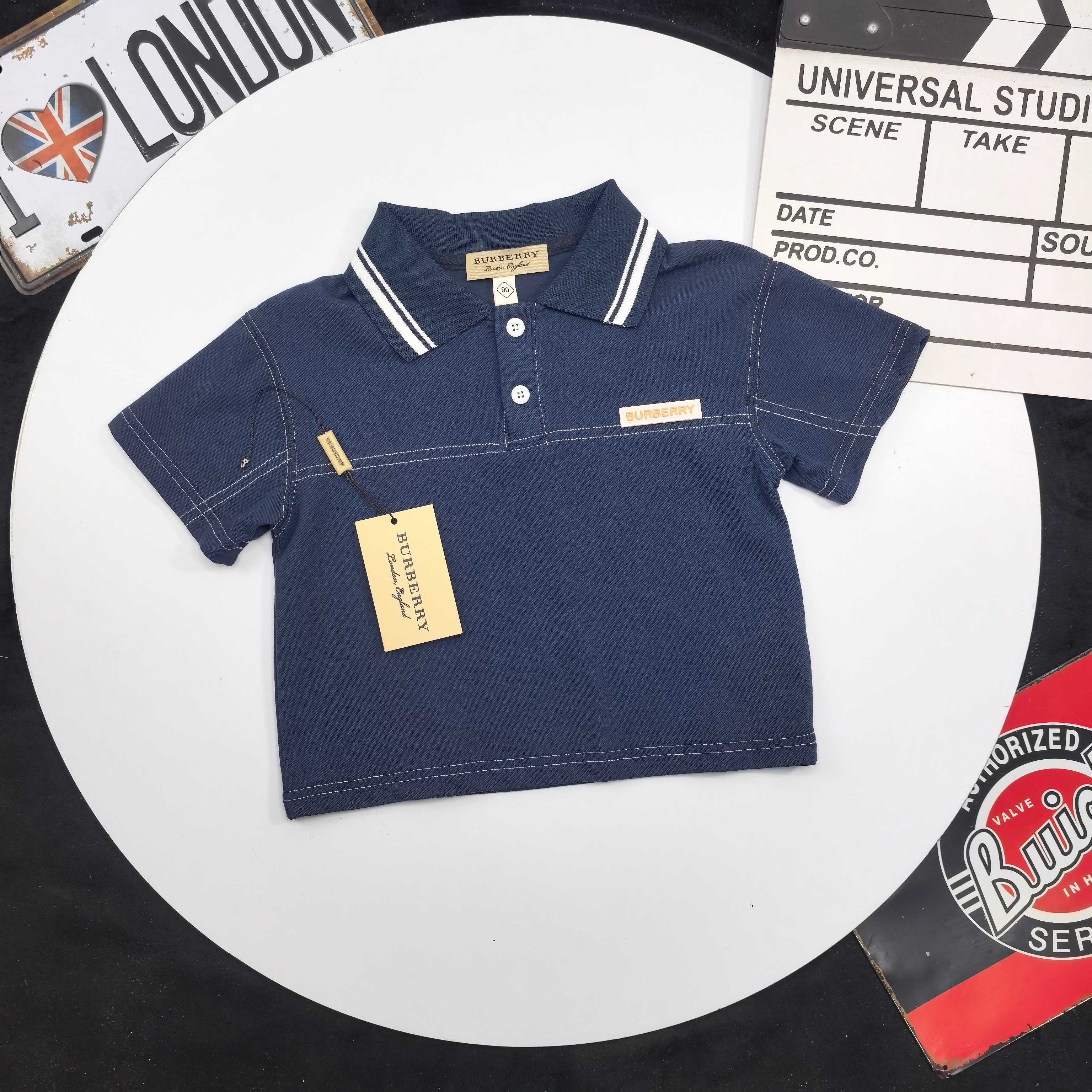 Burberry Unisex Kids Navy White Stripe Collar Short Sleeve Polo Shirt Boys Girls British Preppy Cotton Top Sizes 90-160