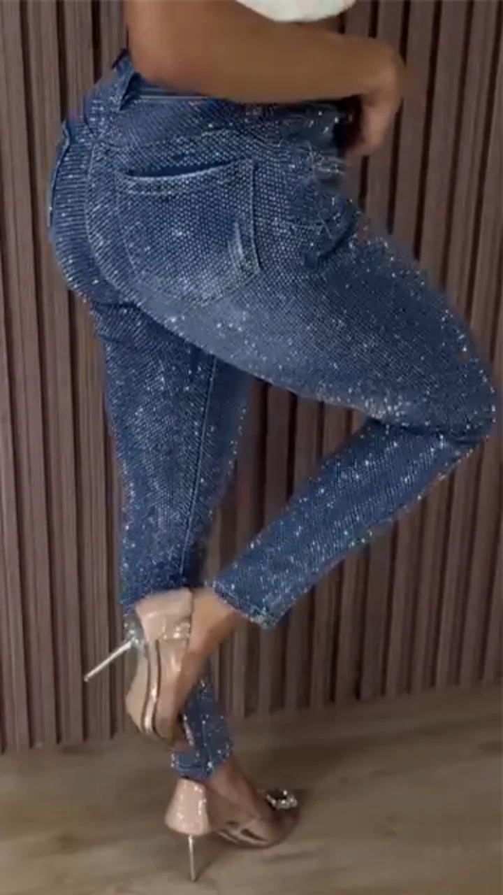 Women High Waisted Rhinestone Washed Casual Jeans