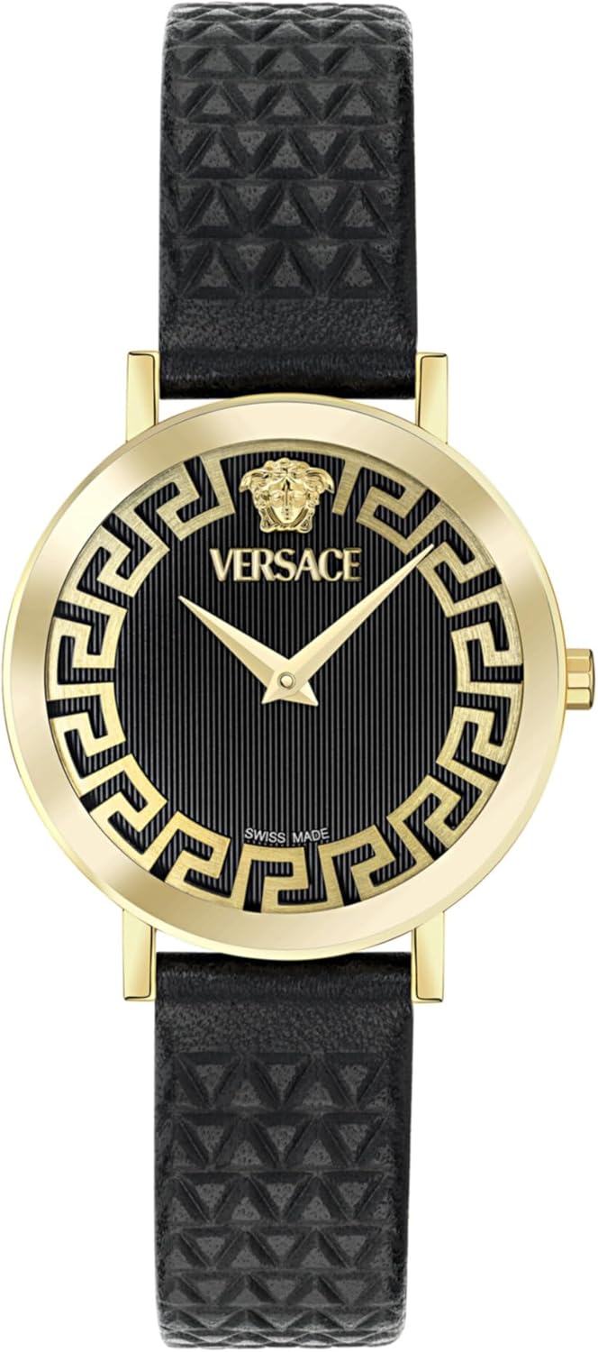 Versace Daedalus Collection Luxury Womens Watch Timepieces with a Black Strap and Dial Featuring a Gold Case