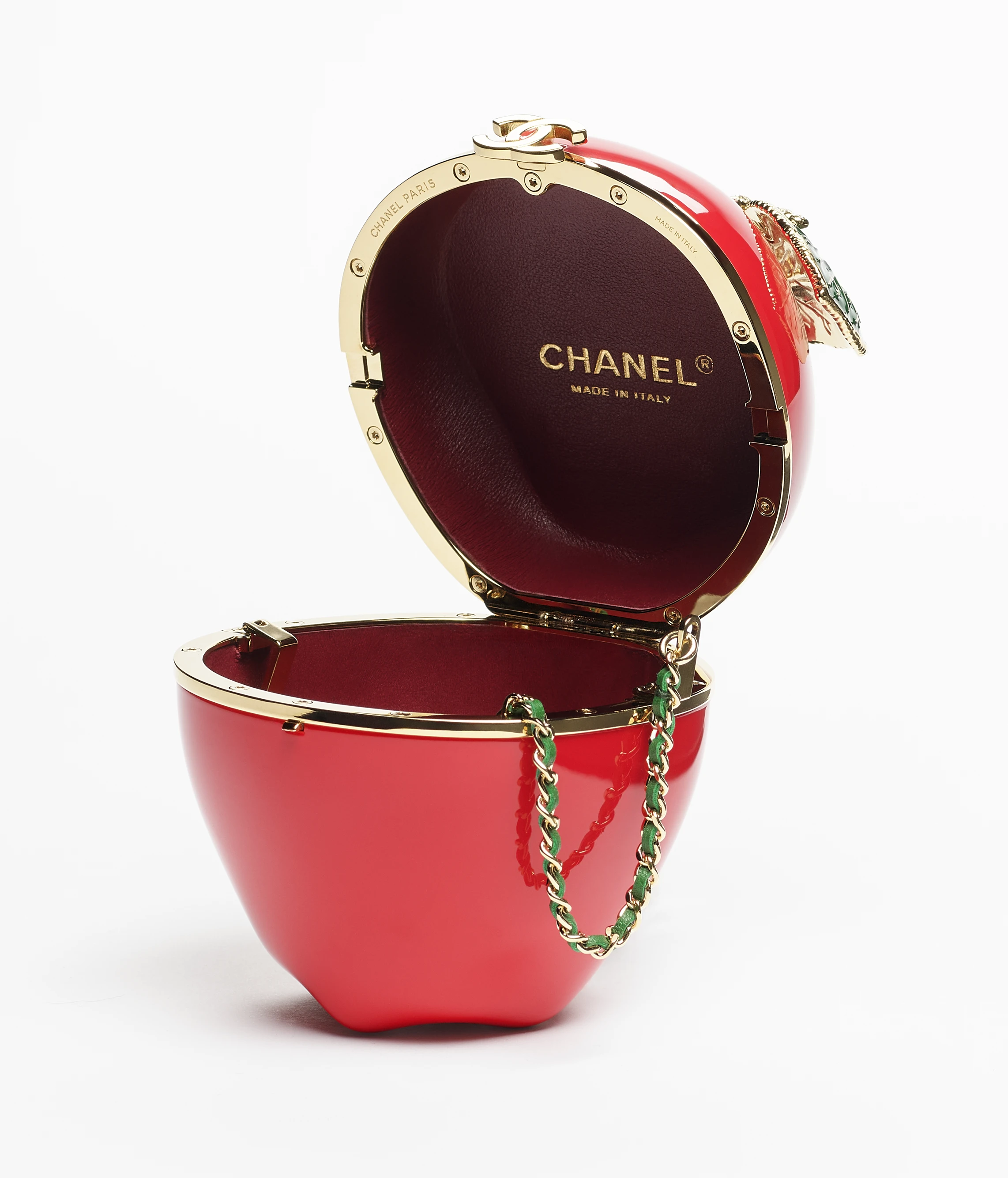 Chanel red Accessory CHANEL Apple Minaudiere Laquered Metal Enamel Gold-tone Metal Red Green Golden #396314 View 2 | Nigo Off