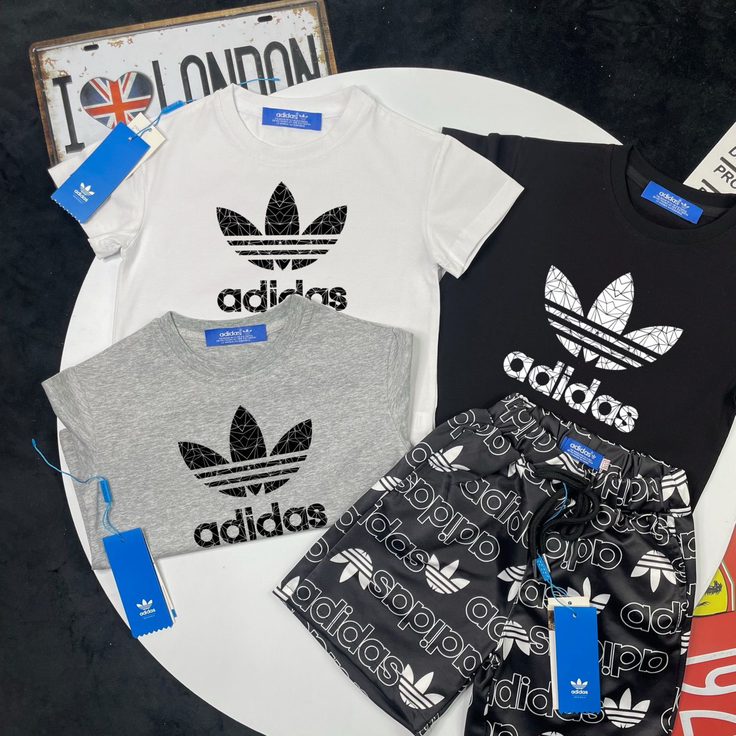 Adidas Kids 2Pcs Geometric Texture Trefoil Tee & All Over Logo Print Shorts Outfit For Boys Girls Full Original Tags Sizes 90-150
