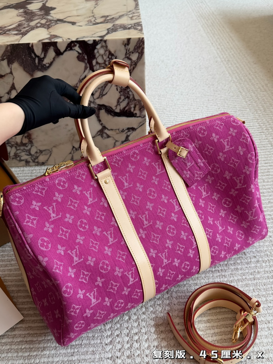 Louis Vuitton Keepall 45 Denim Canvas Travel Bag with Leather Trim (Replica)