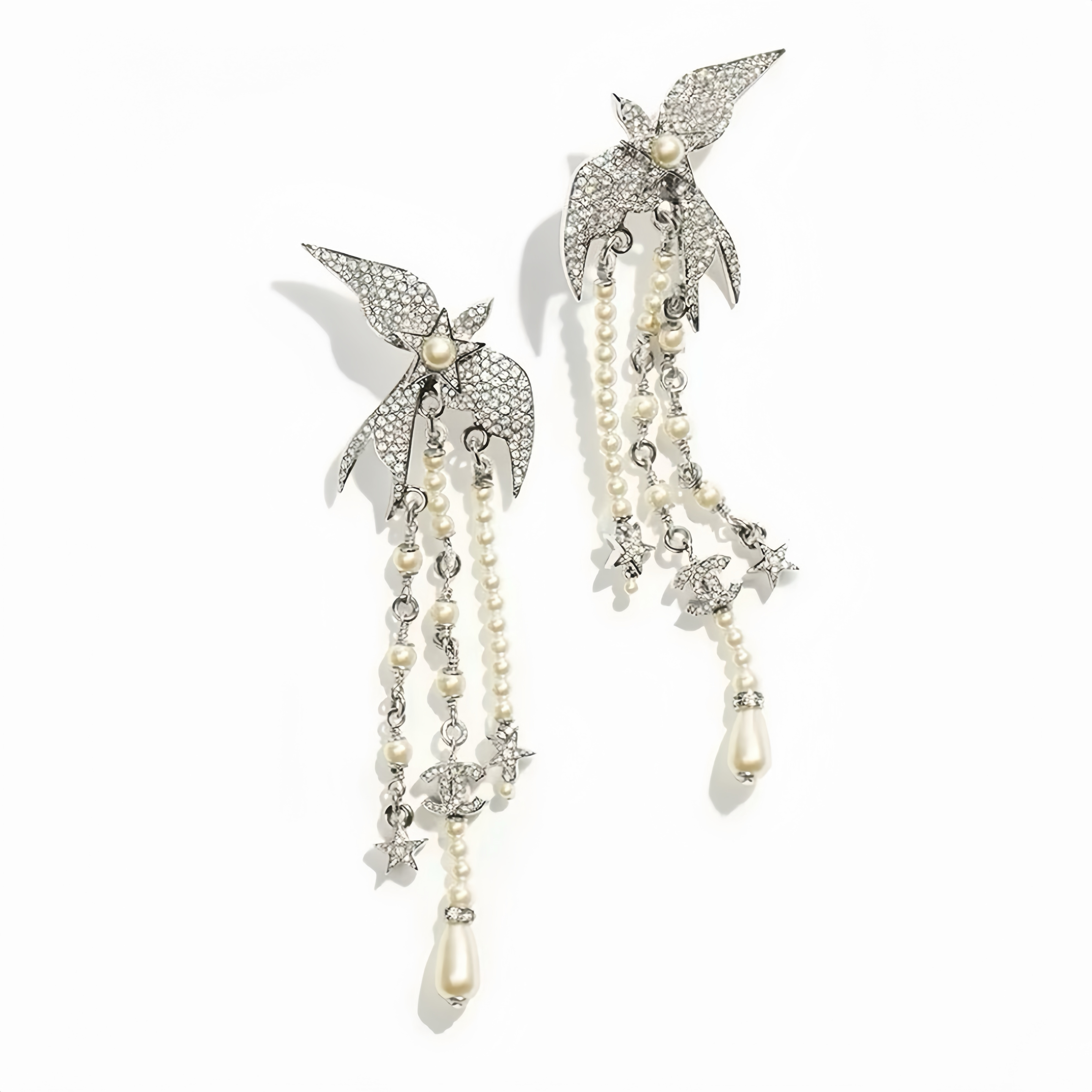 Chanel white Jewelry Chanel Pearl Crystal CC StarBird Drop Earrings Silver Pearly White #387523 | Nigo Office