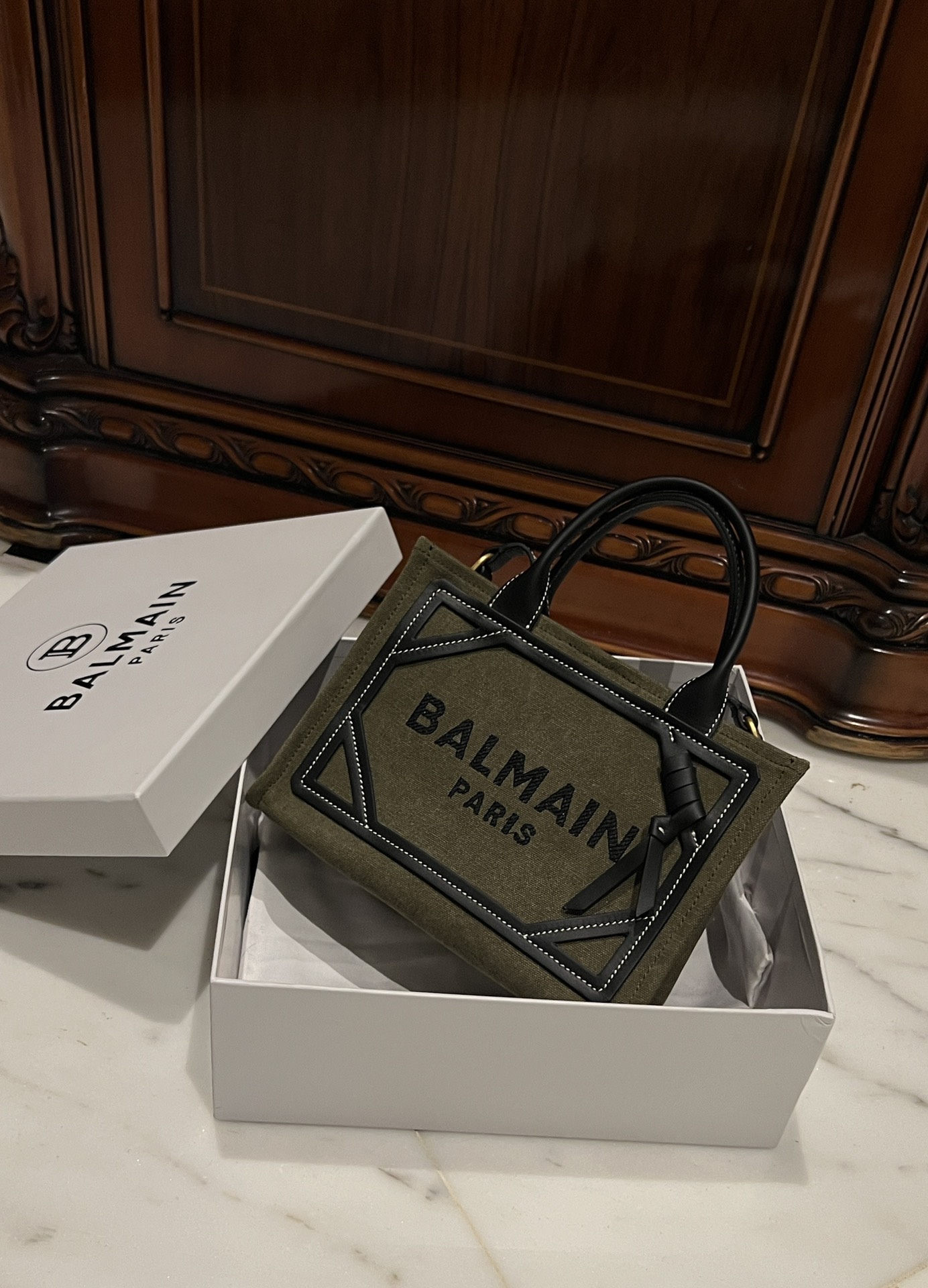 [TOP] BALMAIN Canvas Printed Leather Patch Tote Bag 26*18*11cm - Green - 711 Luxury