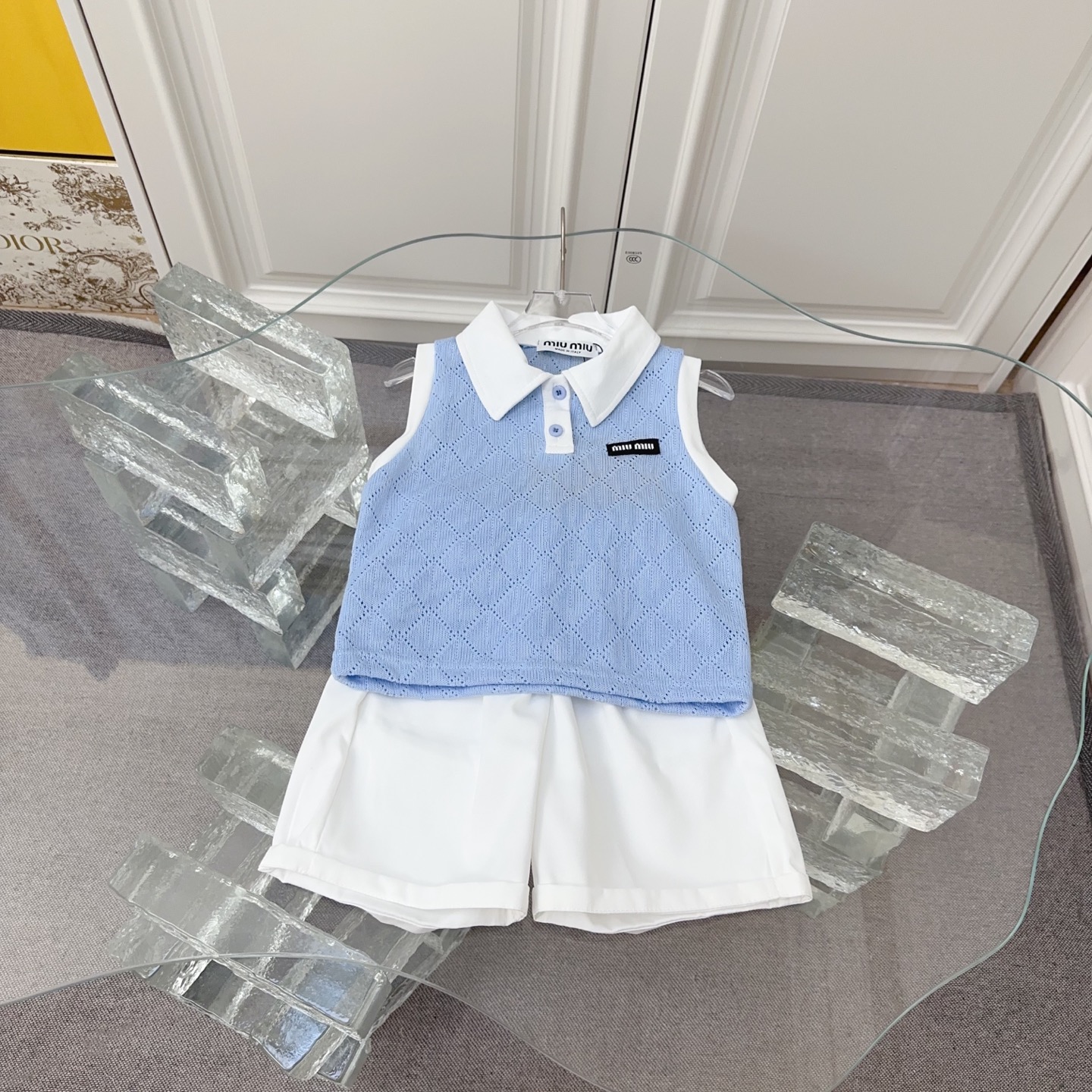 Miu Miu Girls Baby Blue Diamond Hollow Knit Collared Sleeveless Vest & White Straight Elastic Waist Shorts 2 Piece Matching Set Sizes 80-130
