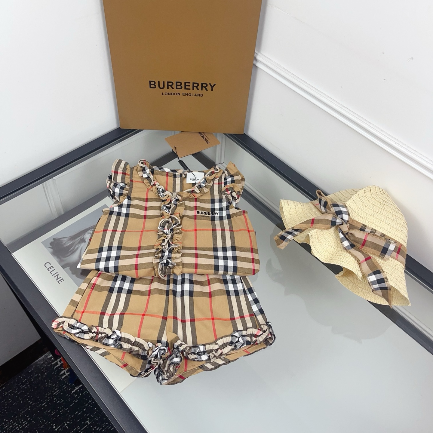 Burberry Girls Vintage Khaki Check Ruffle Sleeveless Top Shorts & Straw Hat 3 Piece Summer Matching Set Kids Princess Outfit Sizes 100-160