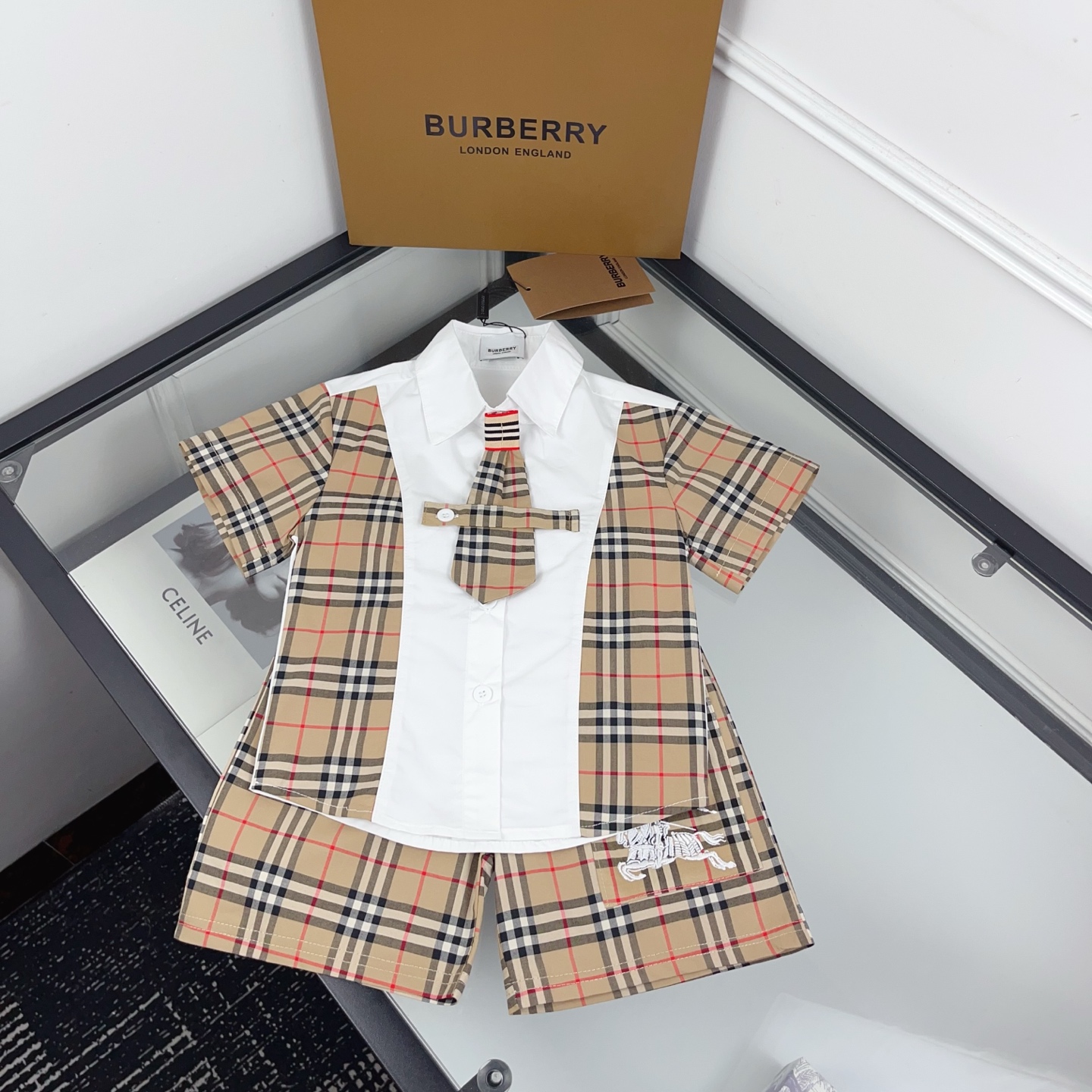 Burberry Boys White Check Patchwork Short Sleeve Shirt Tie & Shorts Three Piece Set Kids Sizes 100-150