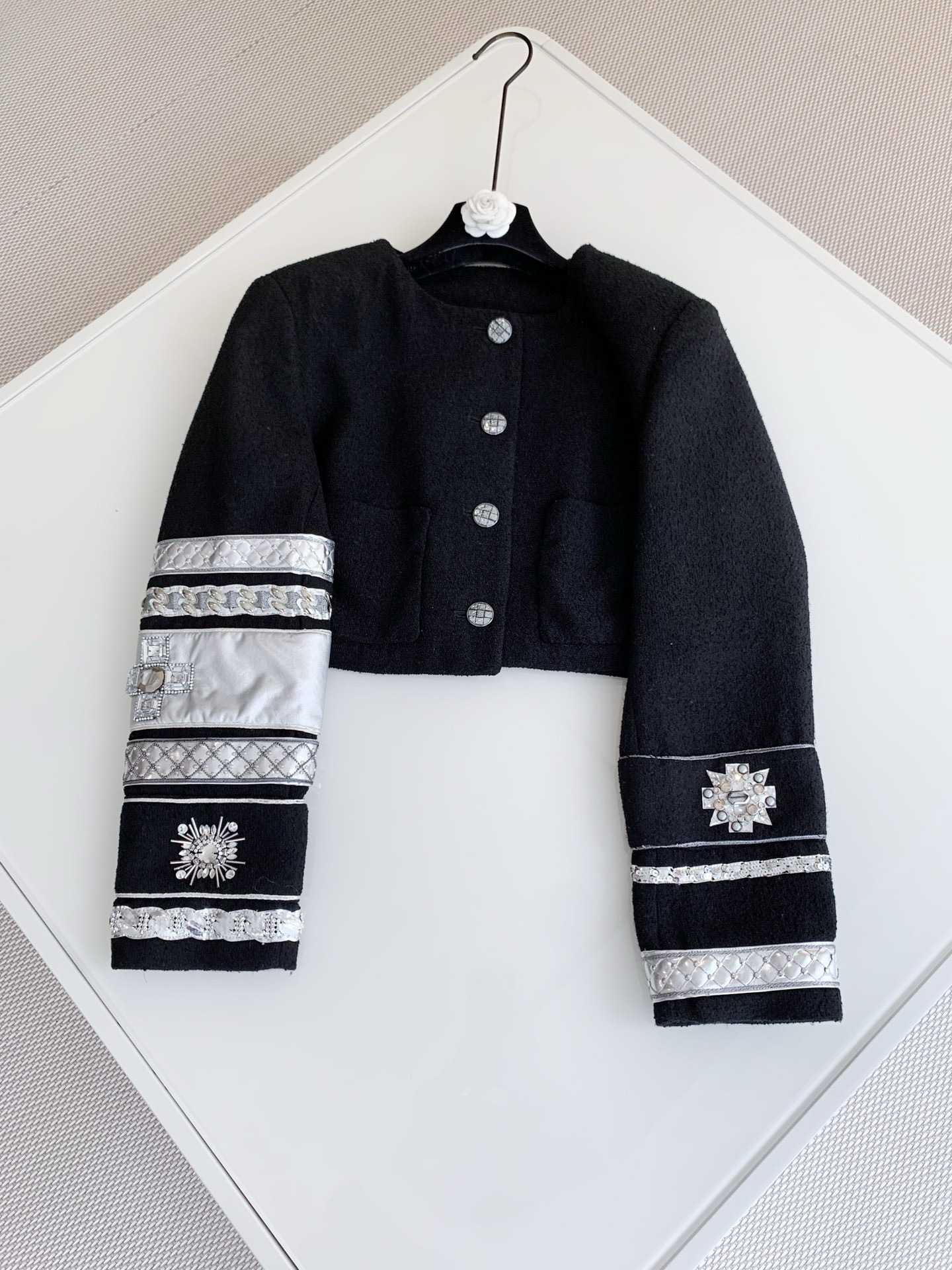CHANEL Jacket Rhinestone Sheepskin Silk Jacquard #387851