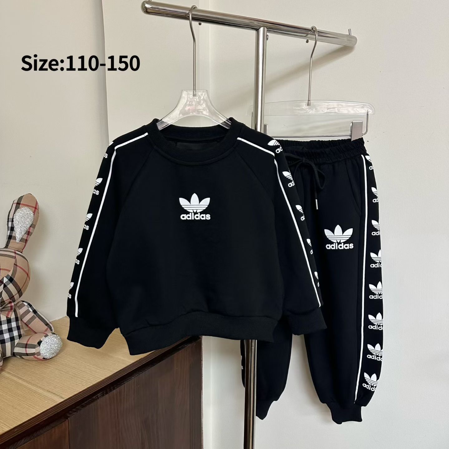 Adidas Unisex Kids Black White All Over Trefoil Print Crewneck Sweatshirt & Cuffed Jogger Pants Two Piece Tracksuit Boys Girls Sizes 110-150