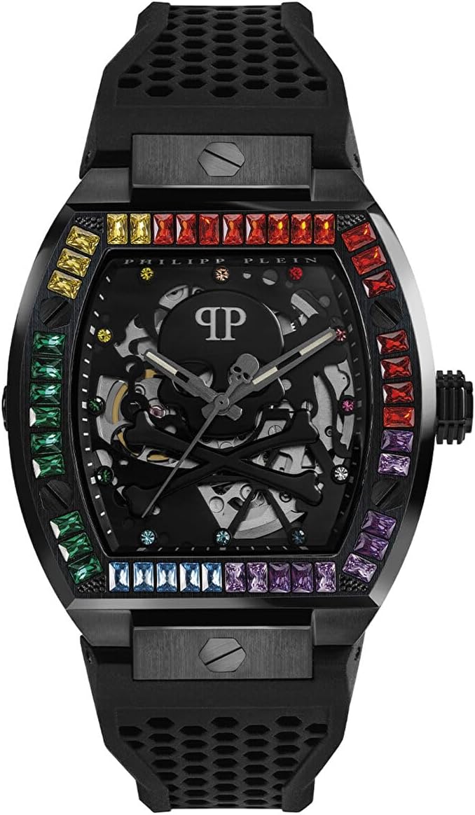 Philipp Plein The $keleton Collection Luxury Mens Watch Timepieces with a Black Strap and Dial Featuring a IP Black Case