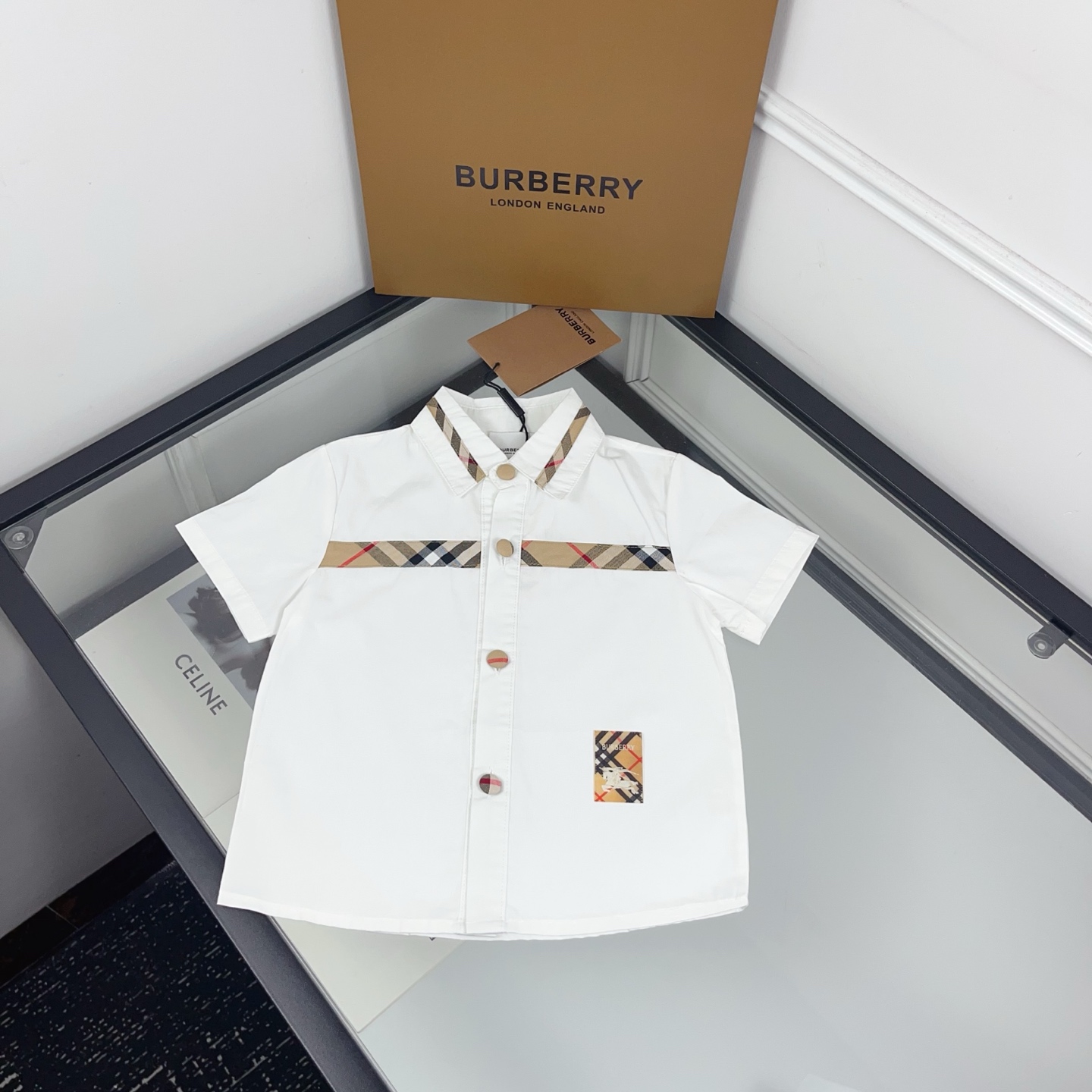 Burberry Unisex Kids White Vintage Check Stripe Patchwork Short Sleeve Shirt Boys Girls Contrast Button Cotton Casual Blouse Sizes 90-150