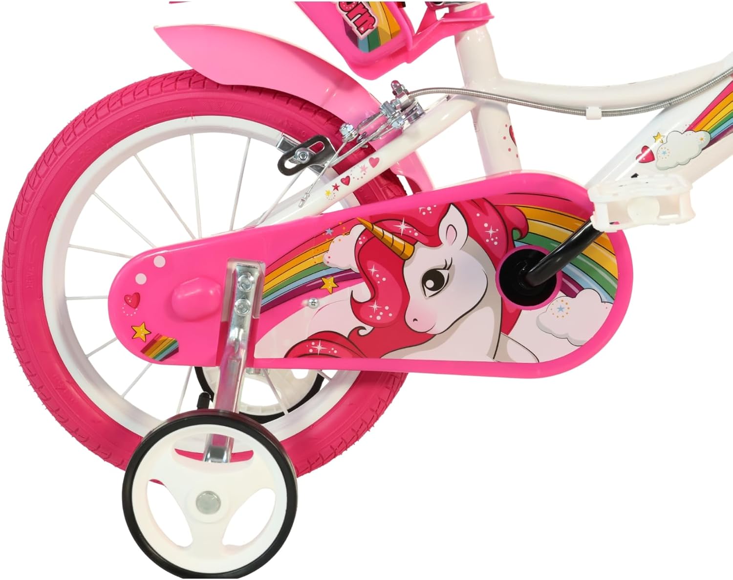 Pink and white 16-inch kids unicorn bicycle with training wheels, front basket, and rear doll seat designed for young girls learning to ride