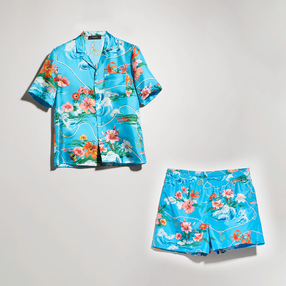 Gucci Printed Polyester Poplin Swim Shorts and Shirt in Multicolor #386769