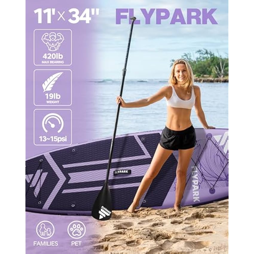 Flypark 11'x34‘’ Inflatable Paddle Boards, Extra Wide SUP for 420lbs/3Adults, Yoga Stand Up Paddle Board, 110L Backpack, 15 D-Rings, Shoulder Strap, US-Fin, 2-Action Pump