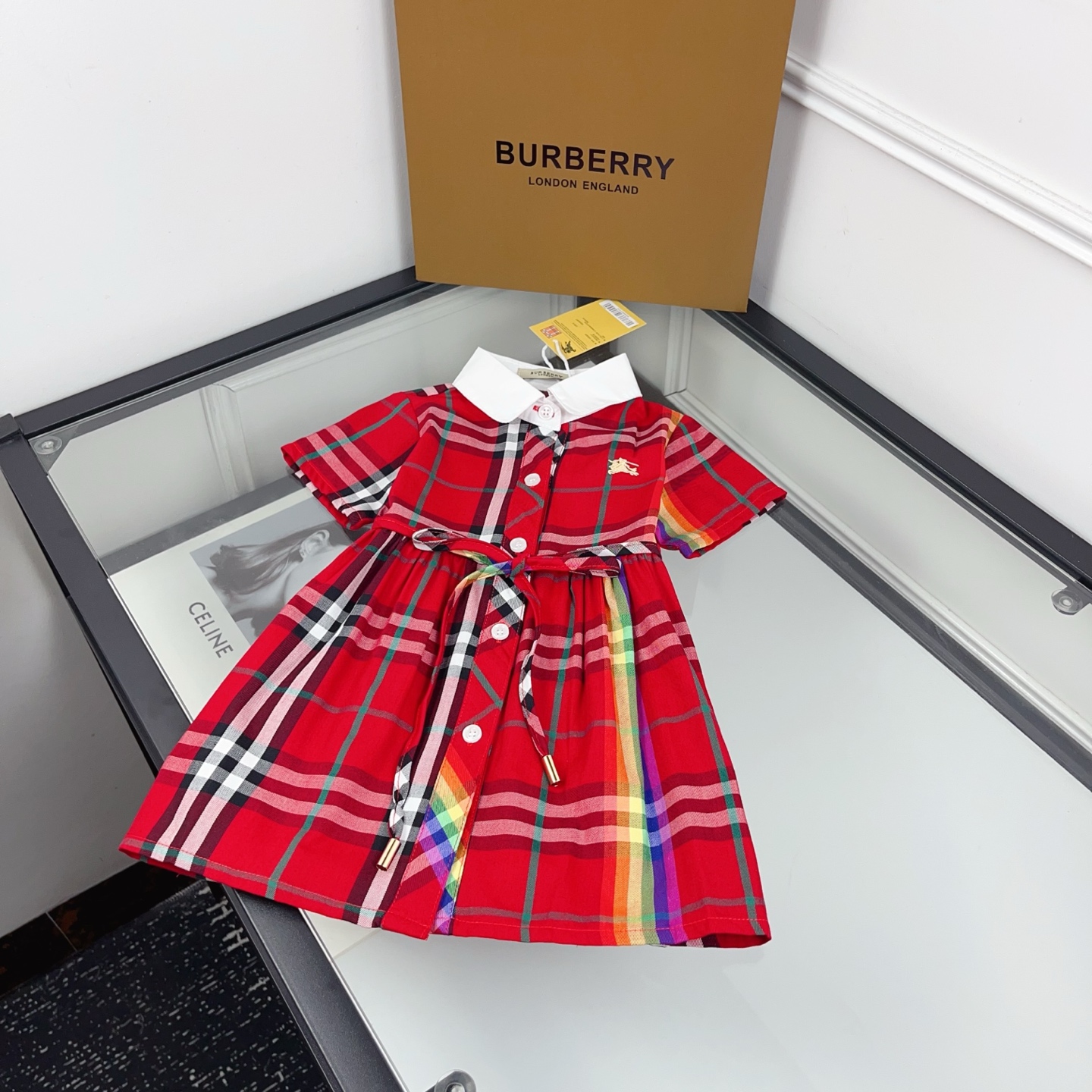 Burberry Girls Red Vintage Check Rainbow Stripe Short Sleeve Shirt Dress Kids Sizes 90-130