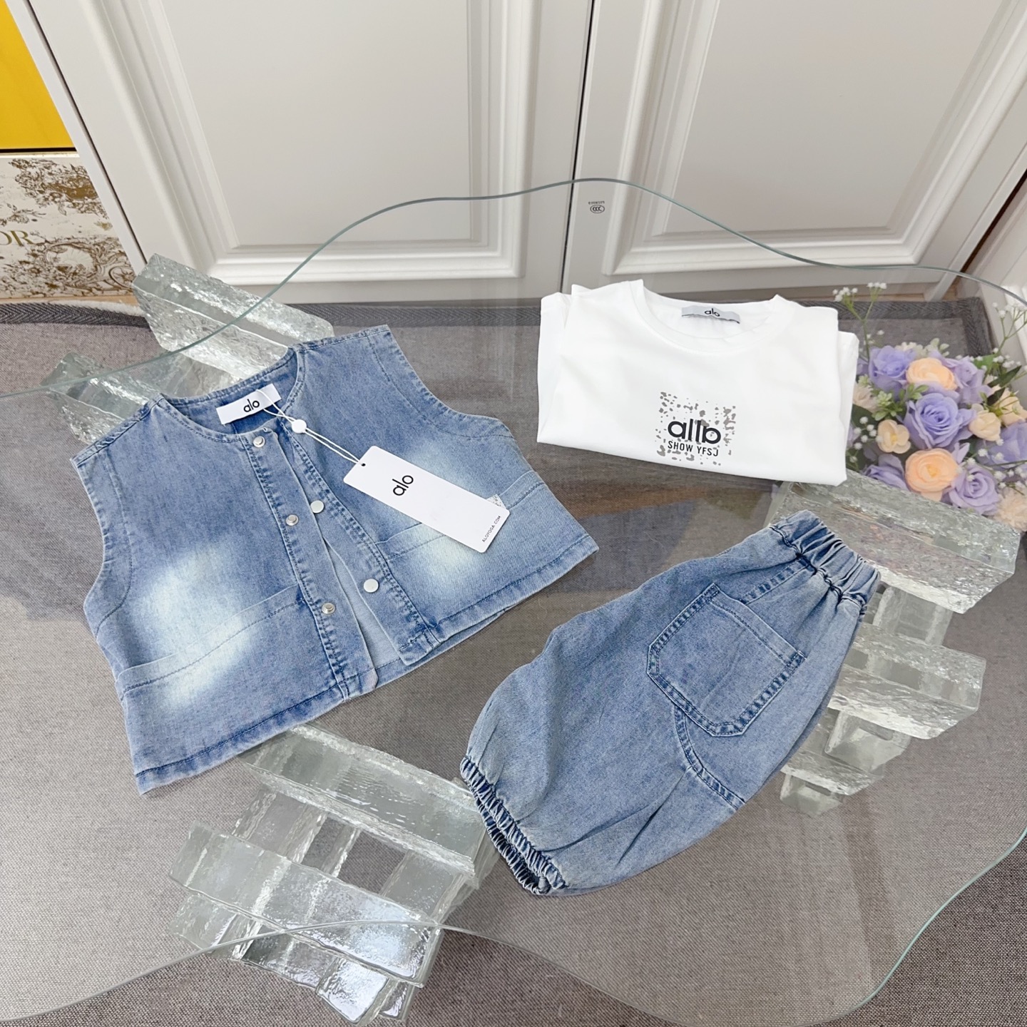 Alo Unisex Little Boys Girls 3-Piece Washed Gradient Denim Vest Printed Tee & Harem Shorts Korean Casual Outfit Set Sizes 90-130